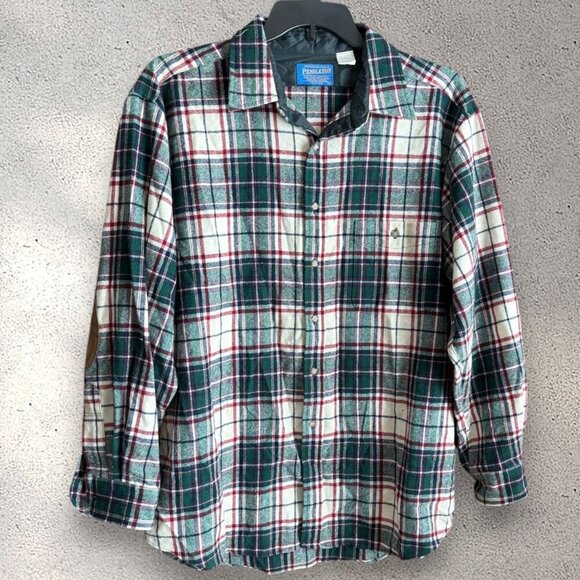 Vintage Pendelton Green/Cream Flannel Shirt with Suede Elbow Patches Size XL - Picture 1 of 13